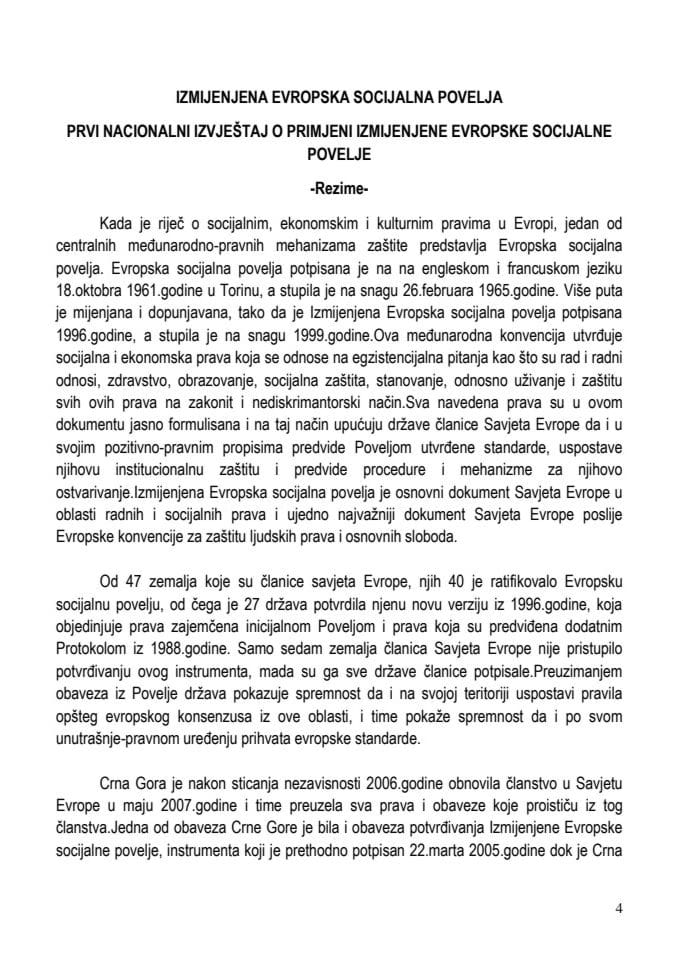 Prvi nacionalni izvještaj o primjeni Izmijenjene Evropske socijalne povelje  