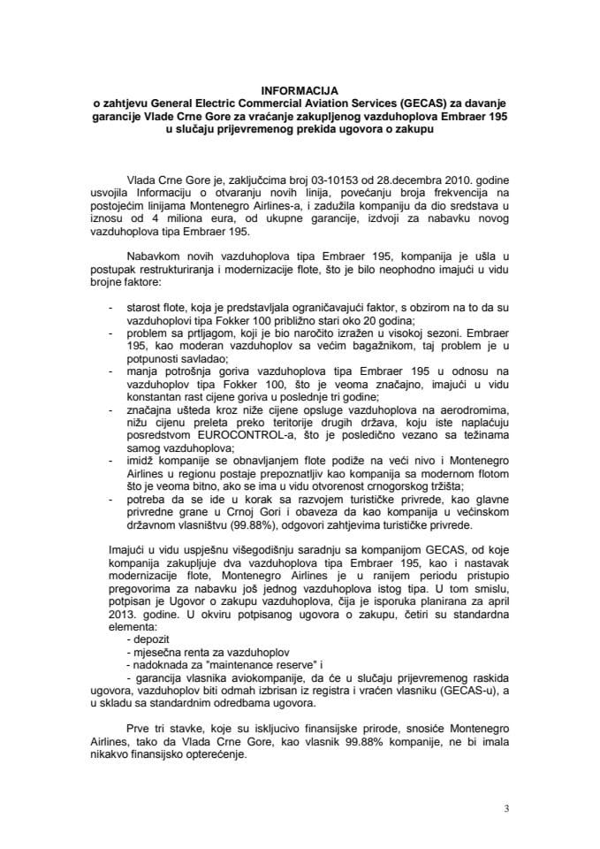 Informacija o zahtjevu zakupodavca vazduhoplova Embraer 195, General Electric Commercial Aviation Services (GECAS), u slučaju prijevremenog prekida ugovora o zakupu vazduhoplova