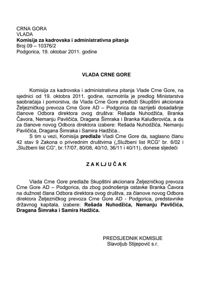 Predlog zaključka o izboru članova Odbora direktora Željezničkog prevoza Crne Gore AD - Podgorica (za verifikaciju)  
