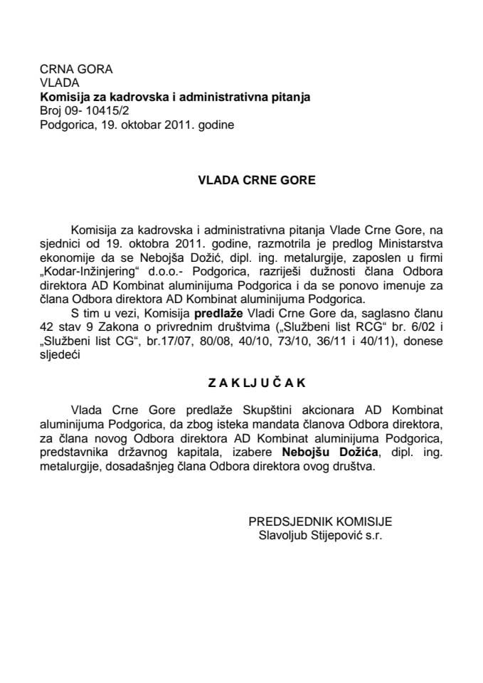 Predlog zaključka o izboru člana Odbora direktora AD Kombinat aluminijuma -Podgorica (za verifikaciju)  