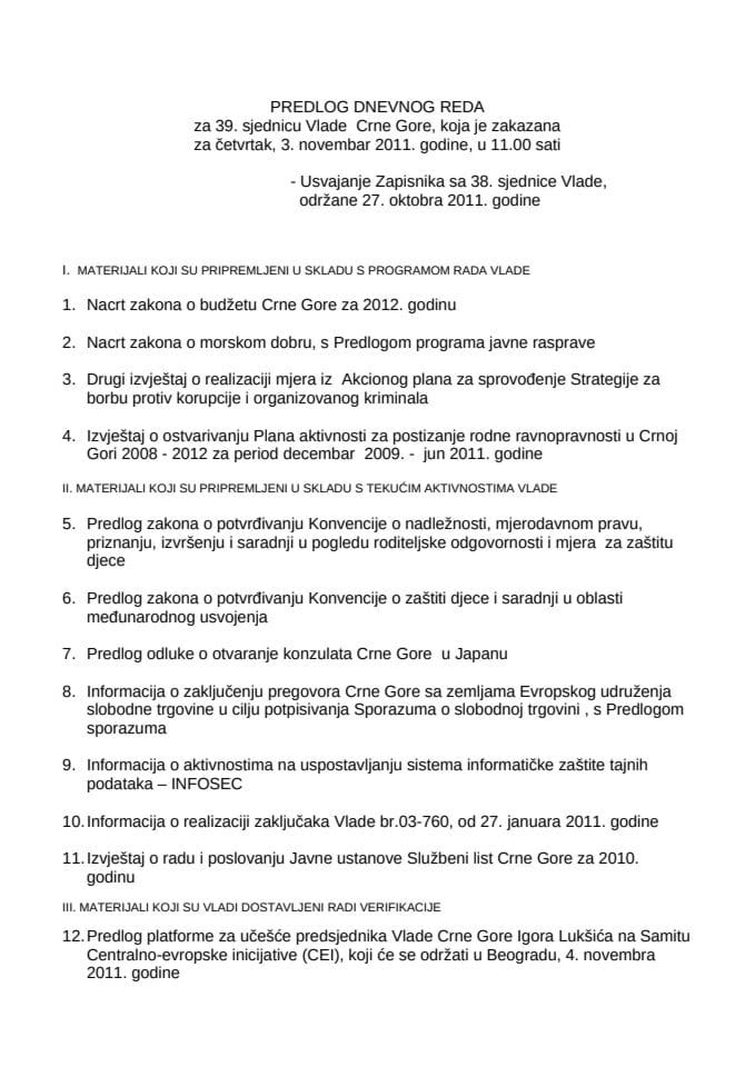 Predlog dnevnog reda za 39. sjednicu Vlade Crne Gore