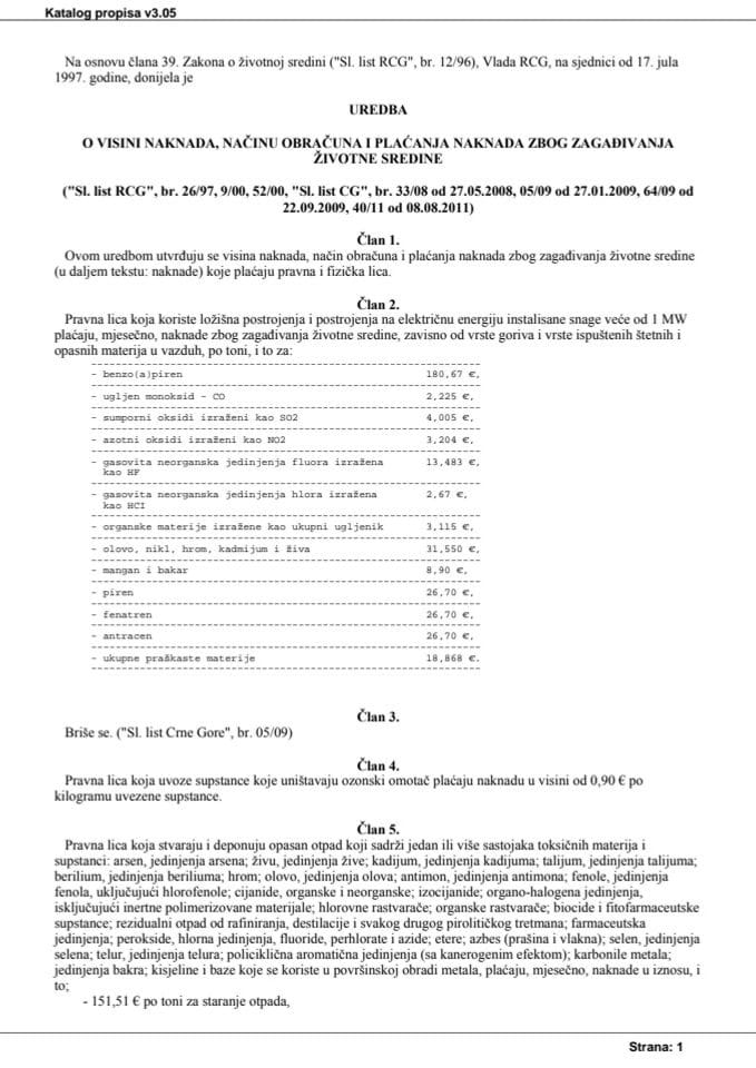 Uredba o visini naknada, načinu obračuna i plaćanja naknada zbog zagađivanja životne sredine