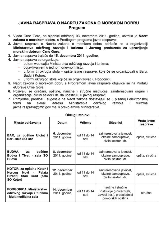Program javne rasprave o Nacrtu zakona o morskom dobru