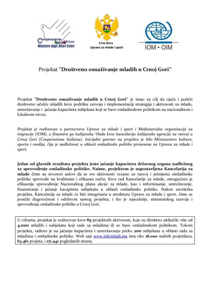 Projekat ,,Društveno osnaživanje mladih u Crnoj Gori"