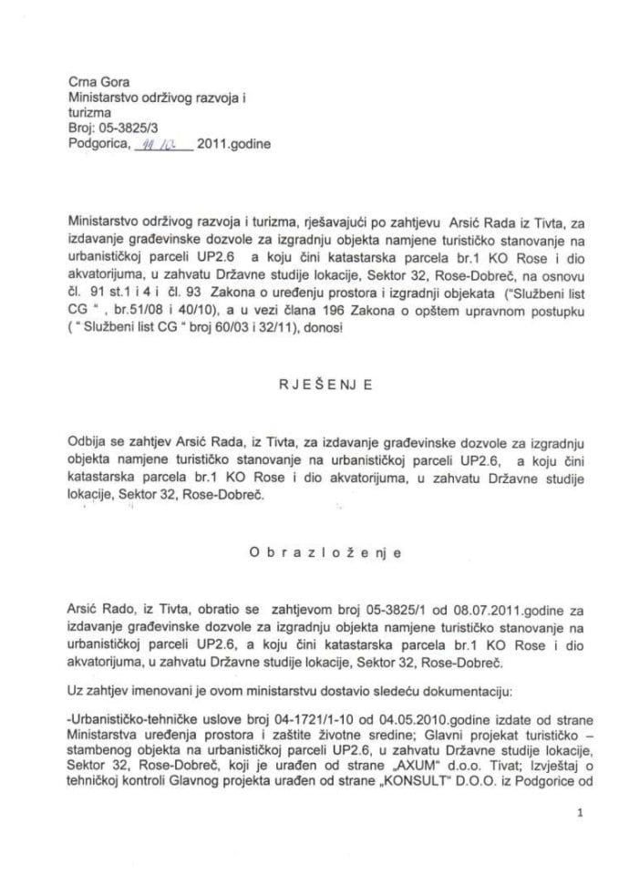 Arsić Rada 05-3825-3-rešenje o odbijanju zahtjeva za građevinsku 