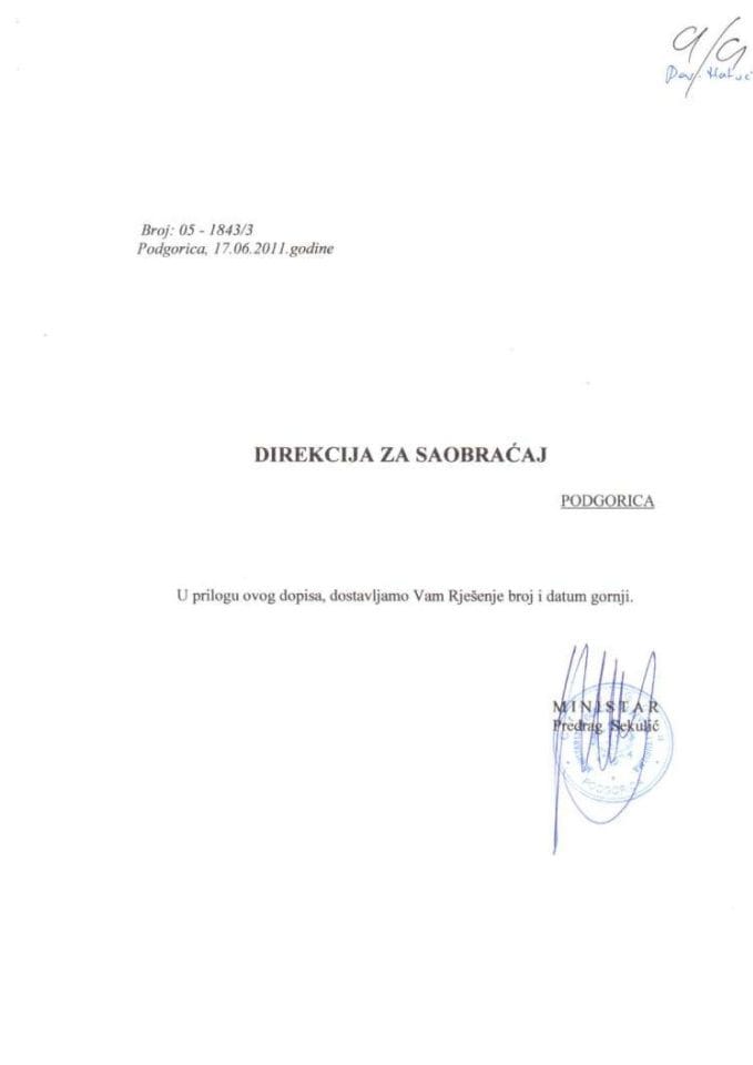 05-1843-3 Direkcija za saobraćaj-rešenje o odbijanju zahtjeva za građevinsku