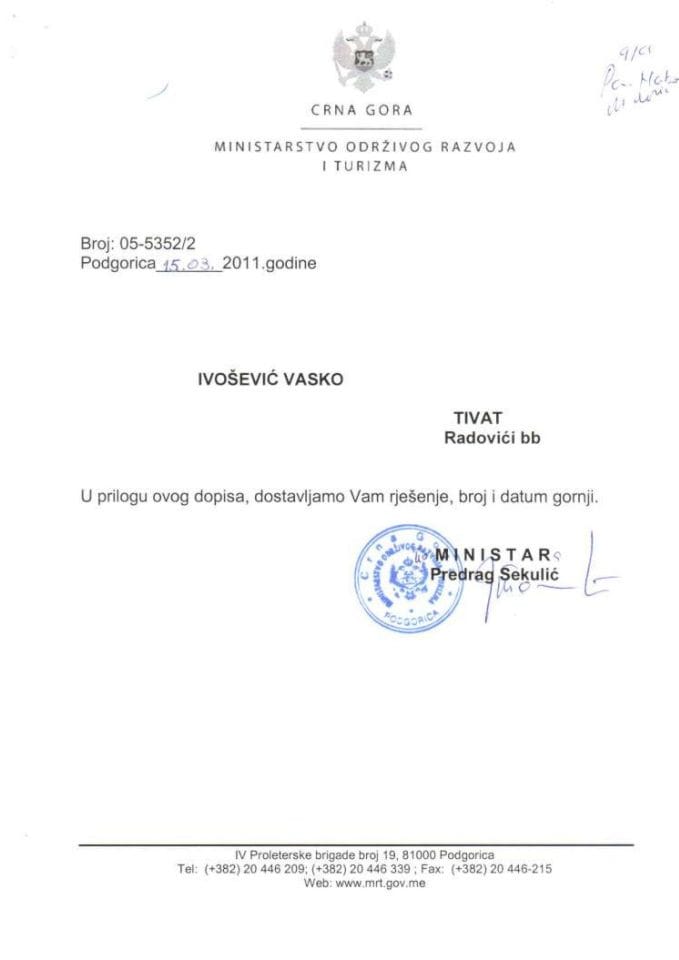 05-5352-2 Ivošević Vasko-rešenje o odbijanju zahtjeva za građevinsku