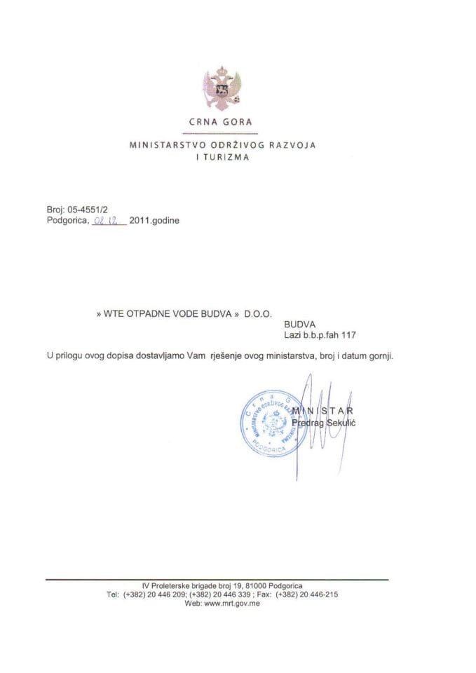 05-4551-2 WTE otpadne vode Budva rešenje o odbijanju zahtjeva za građevinsku dozvolu