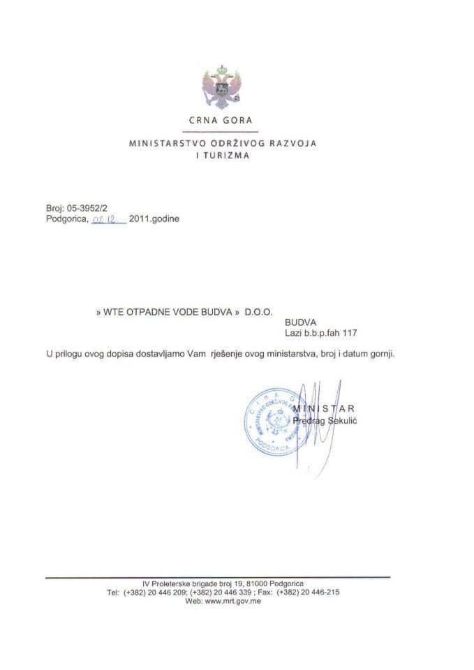 05-3952-2 WTE otpadne vode Budva rešenje o odbijanju zahtjeva za građevinsku dozvolu