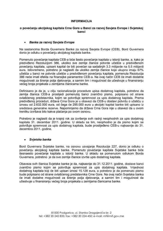  Informacija o povećanju akcijskog kapitala Crne Gore u Banci za razvoj Savjeta Evrope i Svjetskoj banci (za verifikaciju)	