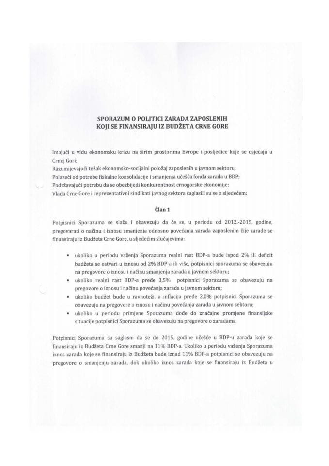 Sporazum o politici zarada zaposlenih koji se finansiraju iz budžeta Crne Gore
