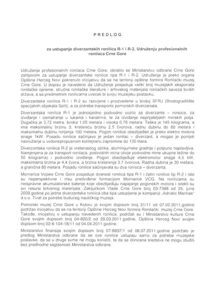 Predlog za ustupanje diverzantskih ronilica R-1 i R-2 Udruženju profesionalnih ronilaca Crne Gore