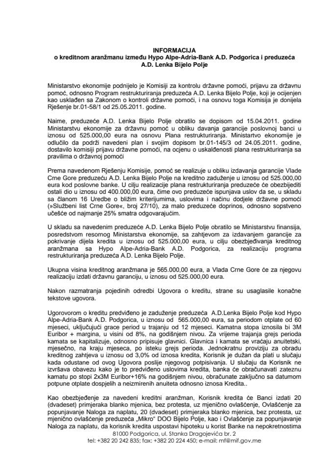 Informacija o kreditnom aranžmanu između Hypo Alpe-Adria-Bank A.D. Podgorica i preduzeća A.D. Lenka Bijelo Polje, s Predlogom ugovora i Predlogom garancije (za verifikaciju)