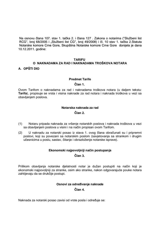 Tarifa o naknadama za rad i naknadama troškova notara