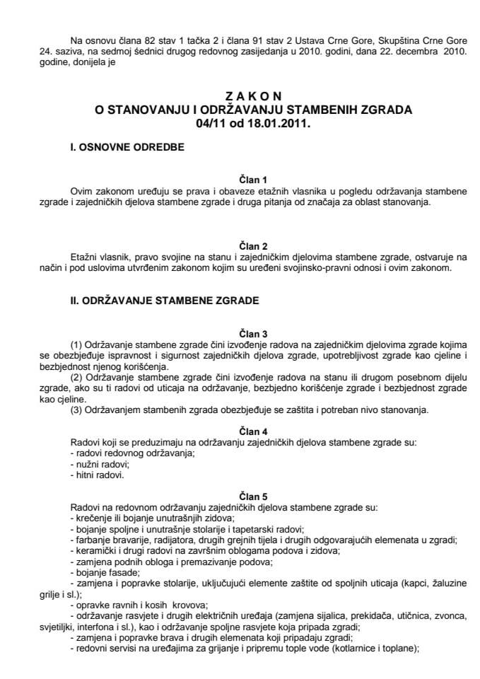 Zakon o stanovanju i odrzavanju stambenih zgrada