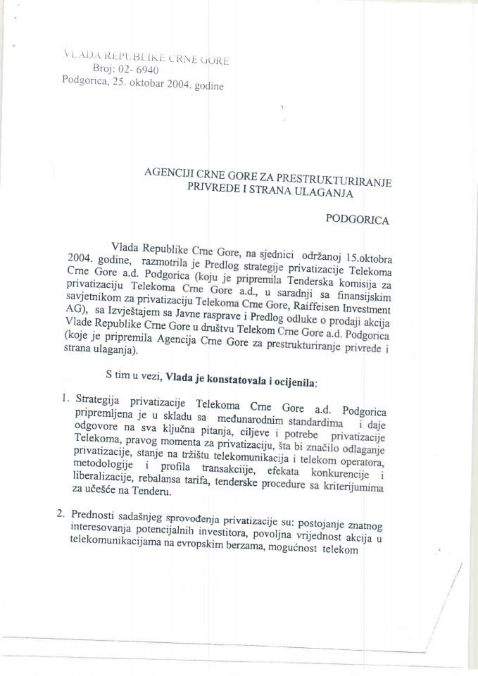 Odluka Vlade Republike Crne Gore sa sjednice od 15. oktobra 2004. godine kojom je usvojena Strategija privatizacije Telekoma Crne Gore