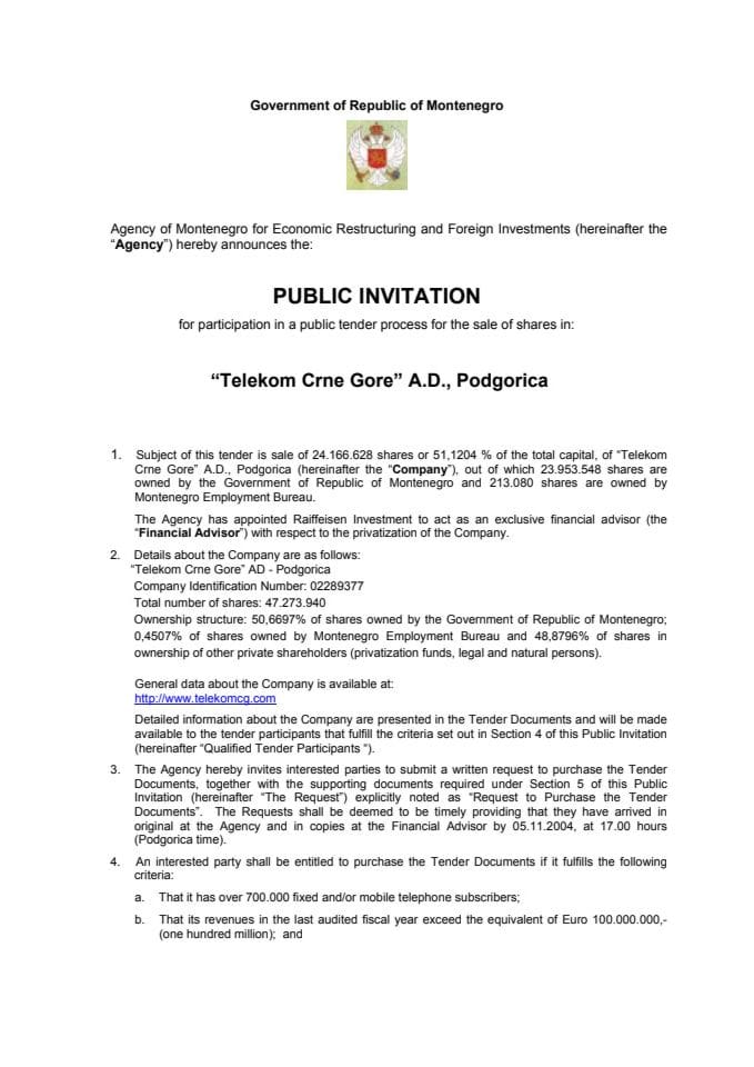 Pubic Invitation for participation in a public tender process for the sale of shares in "Telekom Crne Gore"