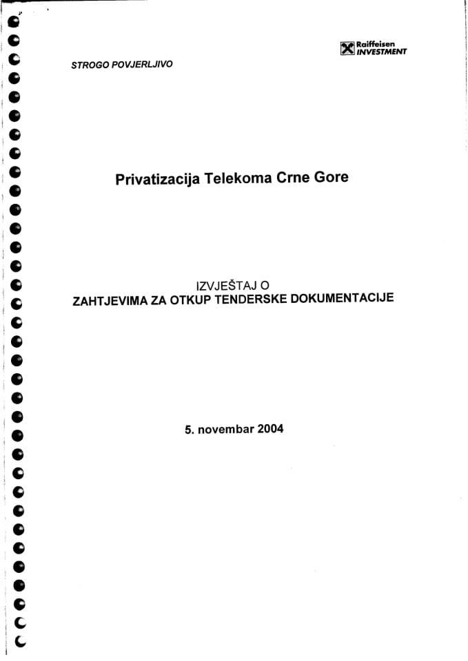 Izvještaj o zahtjevima za otkup Tenderske dokumantacije kvalifikovanih učesnika na tenderu