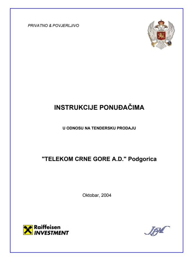 Instrukcije ponuđačima u odnosu na tendersku prodaju "Telekom Crne Gore"