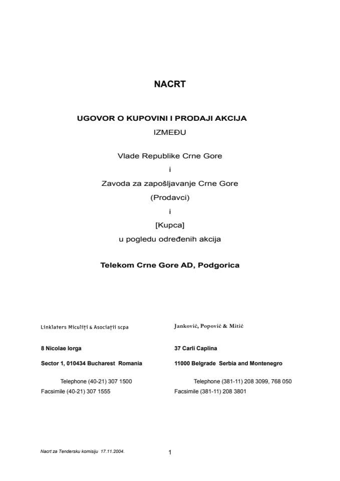 Nacrt ugovora o kupoprodaji akcija između Vlade RCG i Zavoda za zapošljavanje Crne Gore