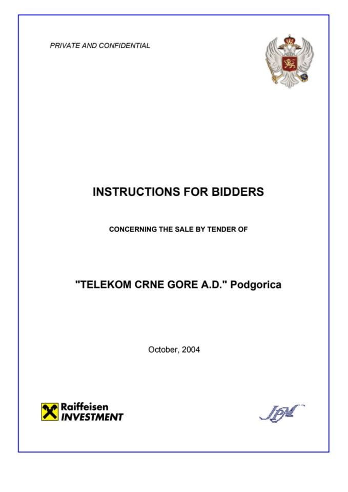 Instructions for bidders concerning the sale by tender of "Telekom Crne Gore"