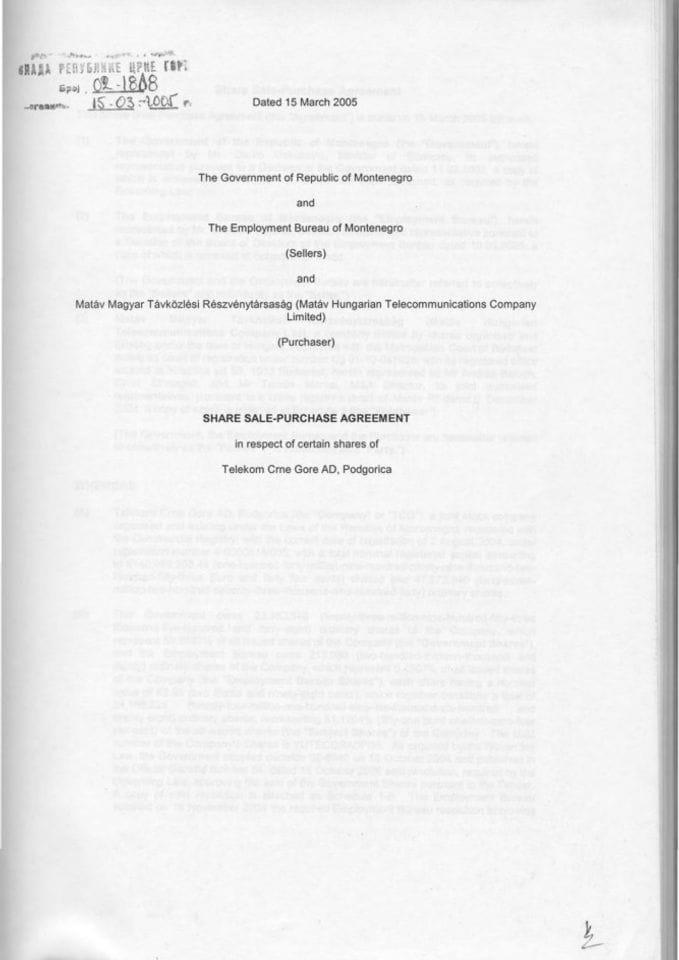 Схаре сале-пурцхасе агреемент ин респецт оф цертаин схарес оф "Телеком Црне Горе" - Датед 15 Марцх 2005