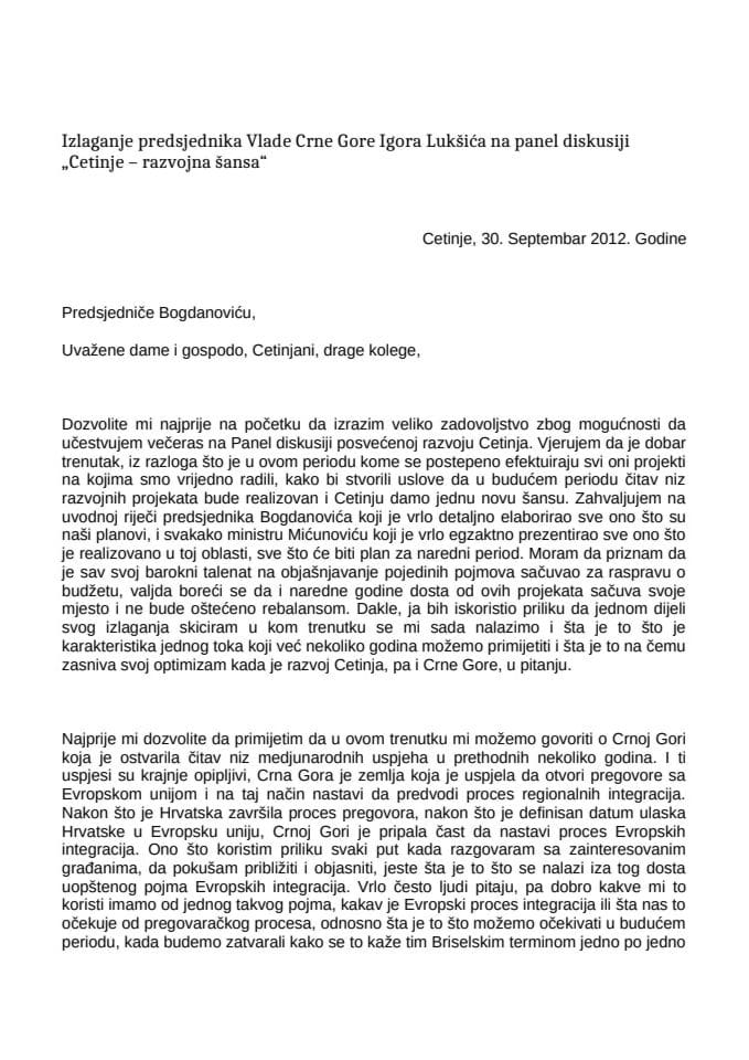 Transkript izlaganja predsjednika Vlade Crne Gore Igora Lukšića na panel diskusiji „Cetinje – razvojna šansa“ 