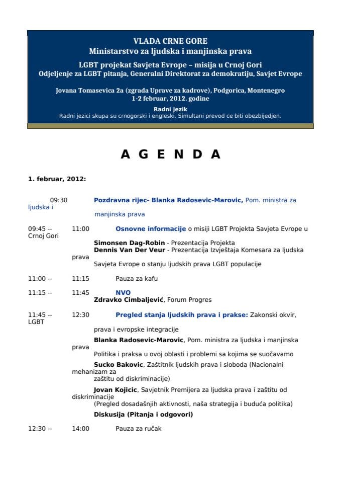Agenda posjete predstavnika SE - LGBT projekat
