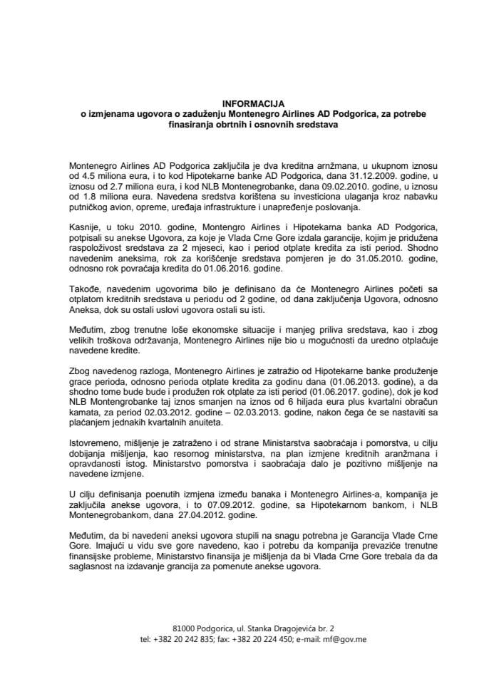 Informacija o izmjenama ugovora o zaduženju Montenegro Airlines AD Podgorica za potrebe finansiranja obrtnih i osnovnih sredstava s predlozima aneksa ugovora (za verifikaciju)