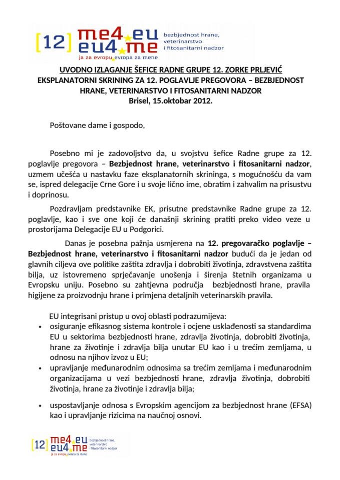 Uvodno izlaganje direktora Fitosanitarne uprave i šefa radne grupe za 12. poglavlje Zorke Prljević 