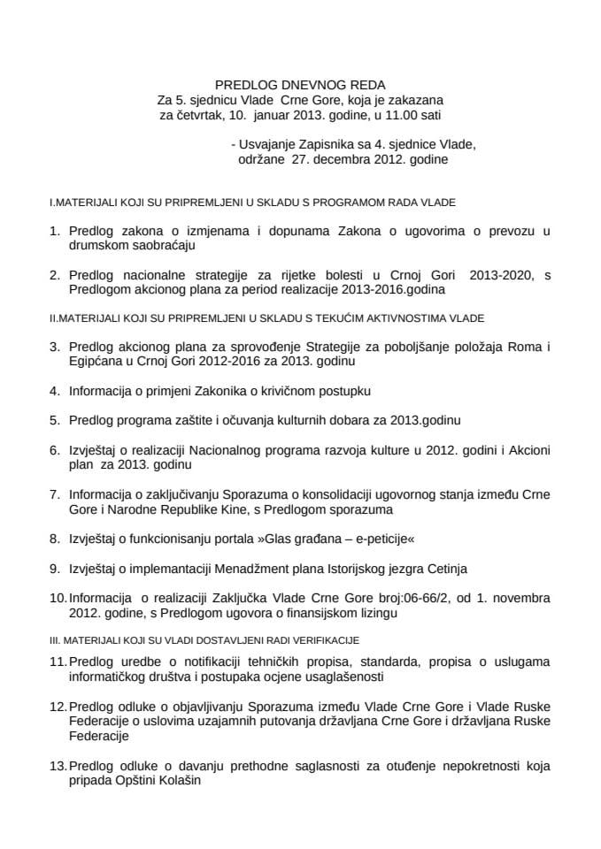 Predlog dnevnog reda za 5. sjednicu Vlade Crne Gore