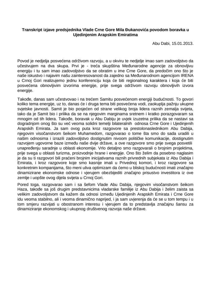 Transkript izjave predsjednika Vlade Mila Đukanovića povodom boravka u Ujedinjenim Arapskim Emiratima