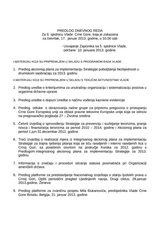 Predlog dnevnog reda za 6. sjednicu Vlade Crne Gore