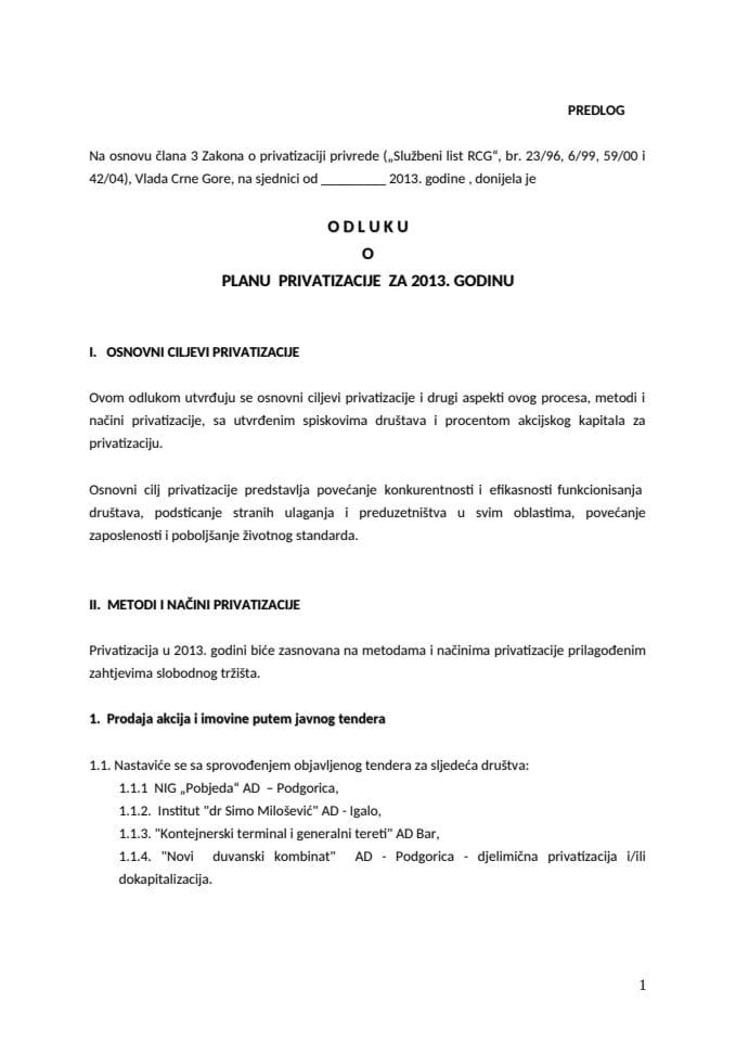 Predlog odluke o planu privatizacije za 2013. godinu