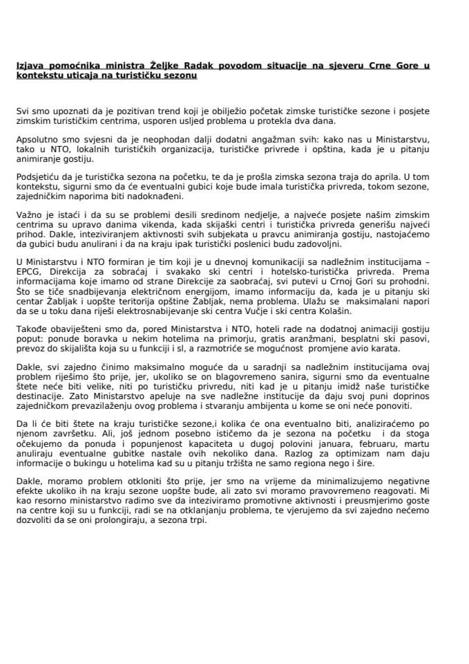 Izjava pomoćnice ministra turizma Željke Radak Kukavičić o prevazilaženju problema u ski centrima usljed nestanka električne energije