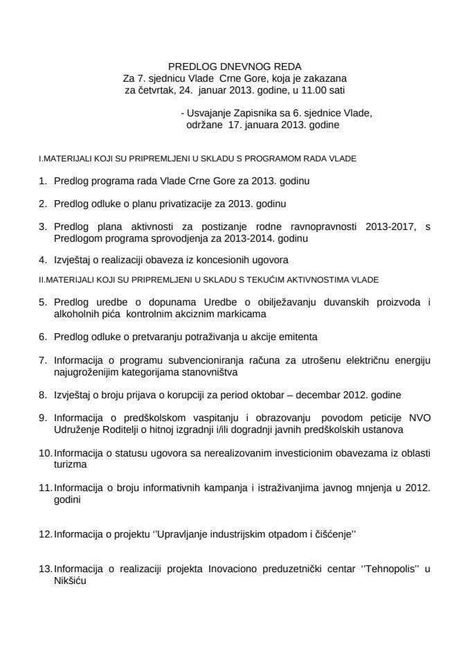 Predlog dnevnog reda za 7. sjednicu Vlade Crne Gore