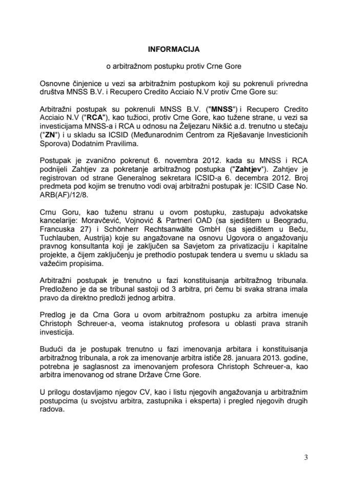 Informacija o arbitražnom postupku protiv Crne Gore