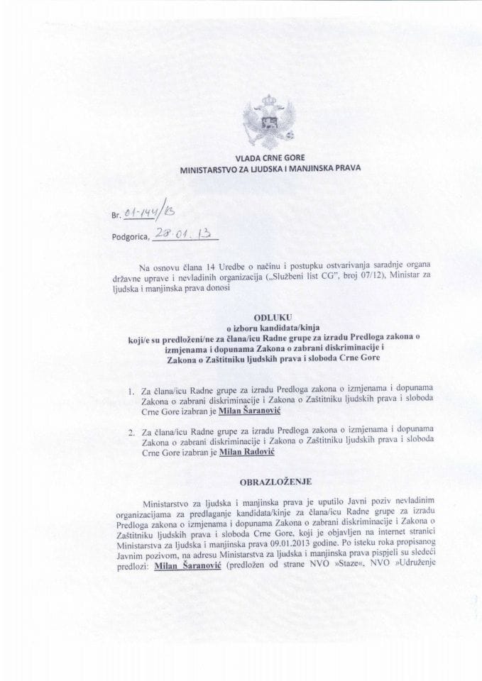 Odluka o izboru kandidata/kinje za izradu prijedloga Zakona o izmjenama i dopunama Zakona o zabrani diskriminacije i Zakona o za[titniku prava i sloboda