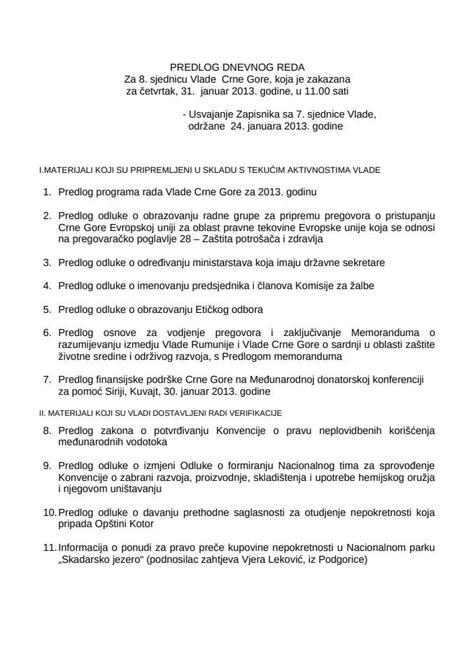 Predlog dnevnog reda za 8. sjednicu Vlade Crne Gore