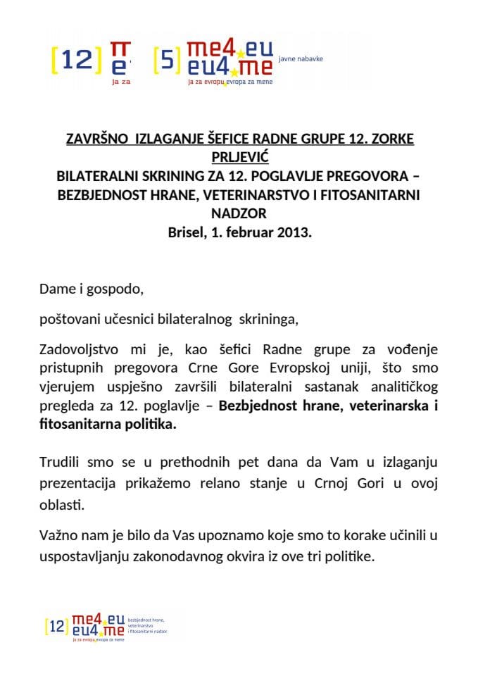 ZAVRŠNO  IZLAGANJE ŠEFICE RADNE GRUPE 12. ZORKE PRLJEVIĆ