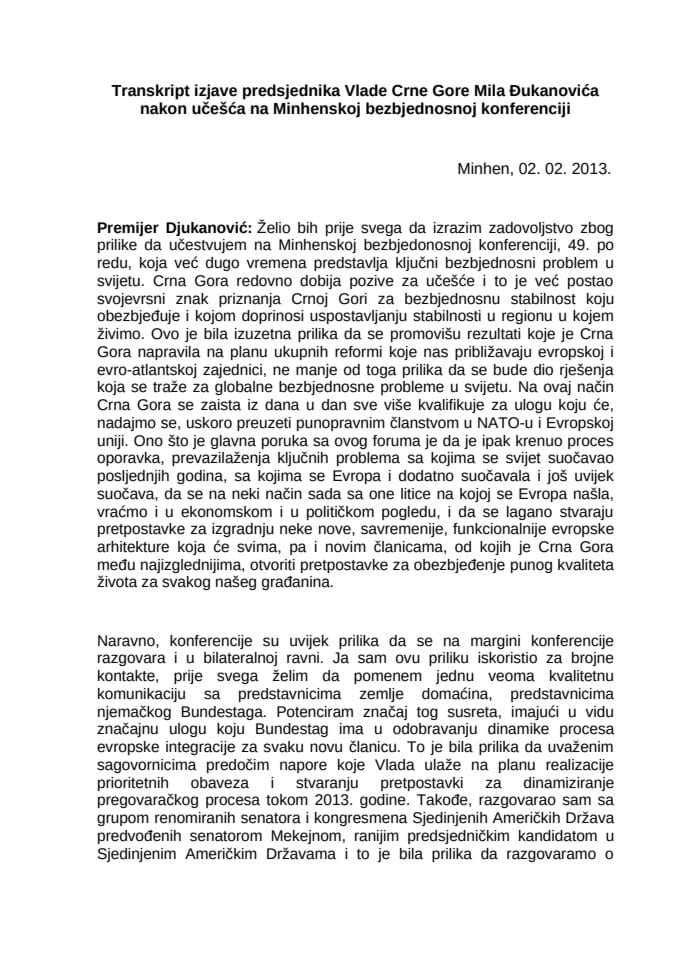 Transkript izjave predsjednika Vlade Crne Gore Mila Đukanovića nakon učešća na Minhenskoj bezbjednosnoj konferenciji