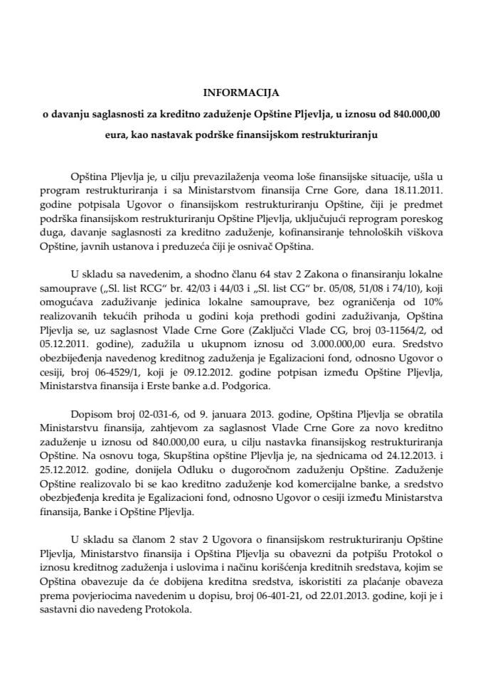 Informacija o davanju saglasnosti za kreditno zaduženje Opštine Pljevlja, s Predlogom protokola