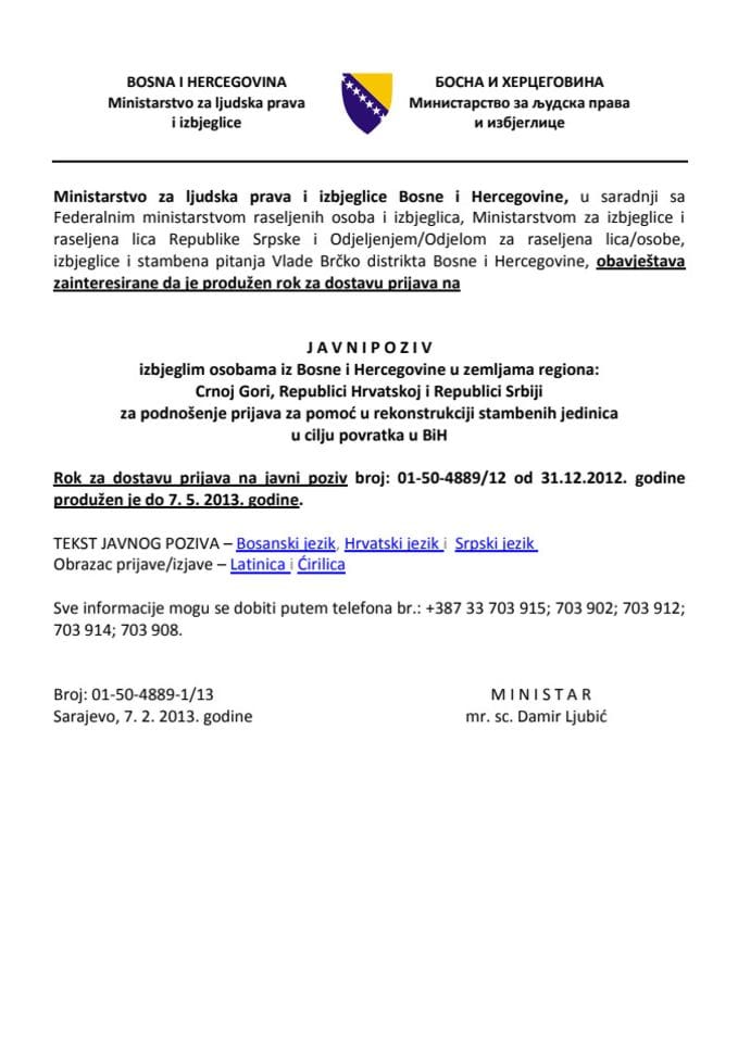 Javni poziv izbijeglim osobama iz BiH u zemljam regiona