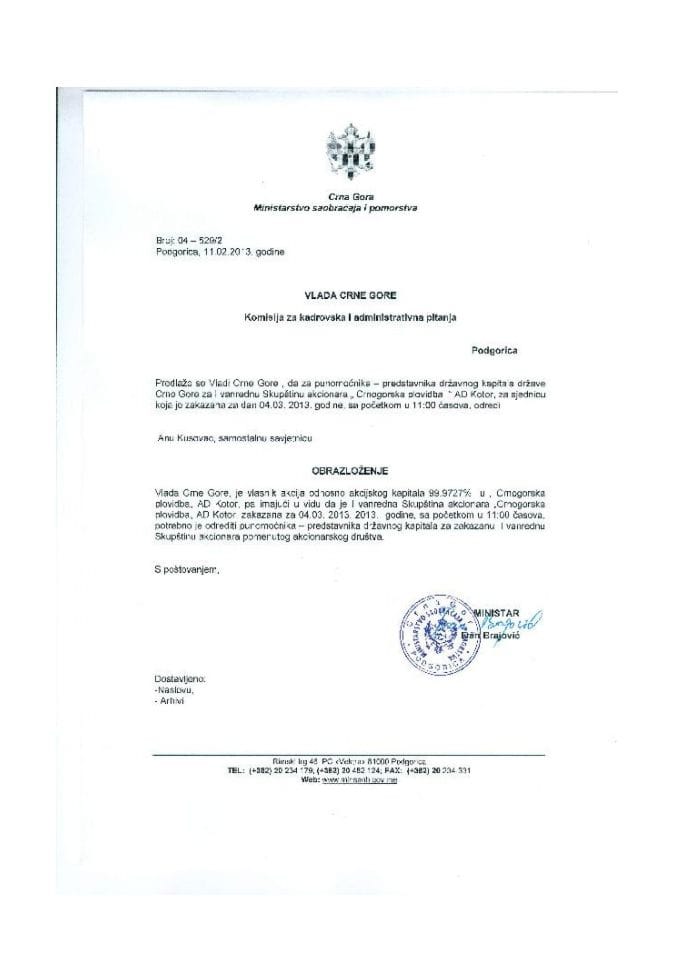 Предлог закључка о одређивању пуномоћника-представника државног капитала на И ванредној Скупштини акционара „Црногорска пловидба“ АД Котор (за верификацију)