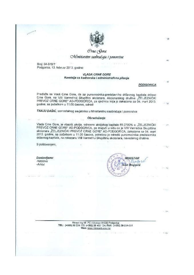 Predlog zaključka o određivanju punomoćnika-predstavnika državnog kapitala na VIII vanrednoj Skupštini akcionara „Željeznički prevoz Crne Gore“ AD Podgorica (za verifikaciju)