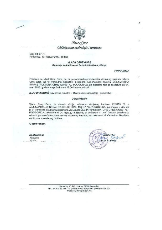 Predlog zaključka o određivanju punomoćnika-predstavnika državnog kapitala na VI vanrednoj Skupštini akcionara „Željeznička infrastruktura Crne Gore“ AD Podgorica (za verifikaciju)