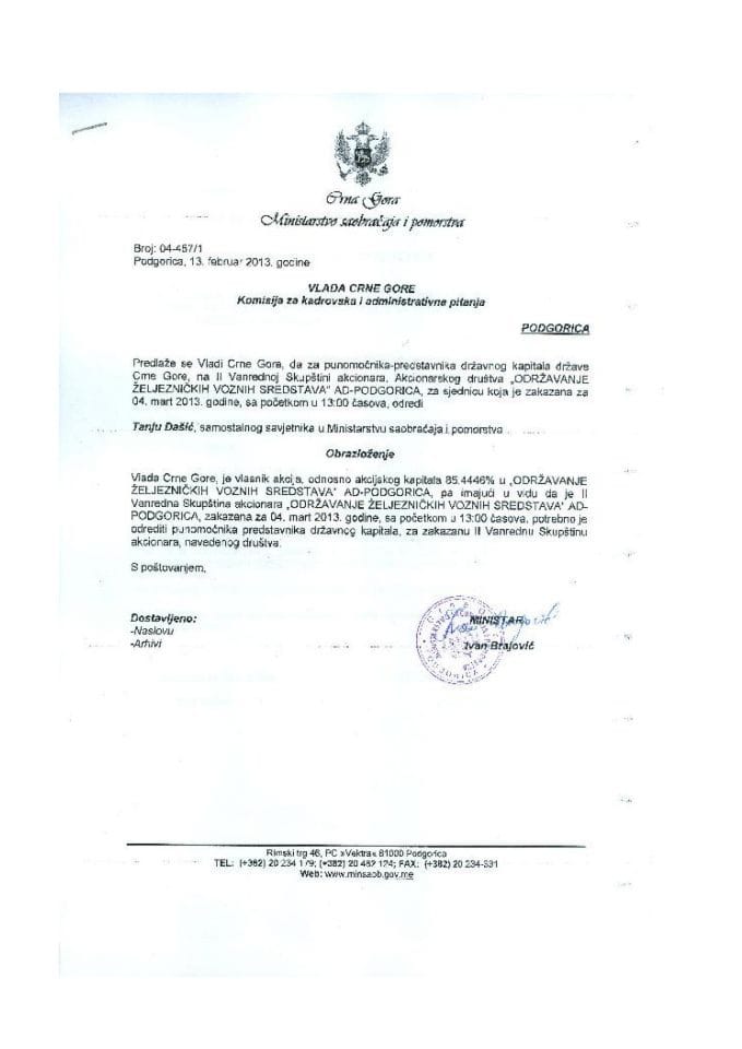 Predlog zaključka o određivanju punomoćnika-predstavnika državnog kapitala na II vanrednoj Skupštini akcionara „Održavanje željezničkih voznih sredstava“ AD Podgorica (za verifikaciju) 