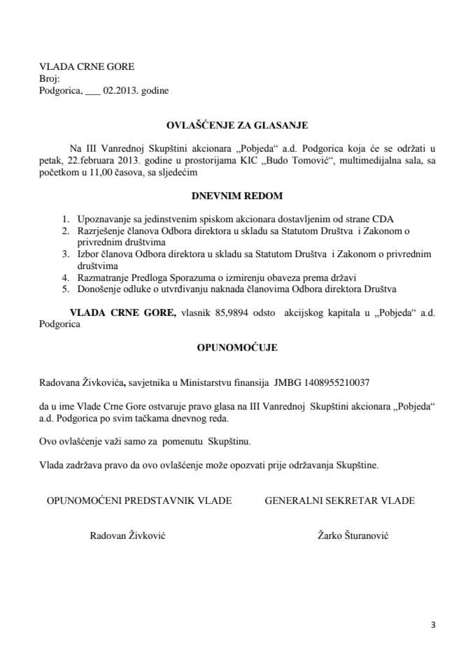 Predloga zaključka o određivanju punomoćnika-predstavnika državnog kapitala na III vanrednoj Skupštini akcionara „Pobjeda“ AD Podgorica (za verifikaciju) 