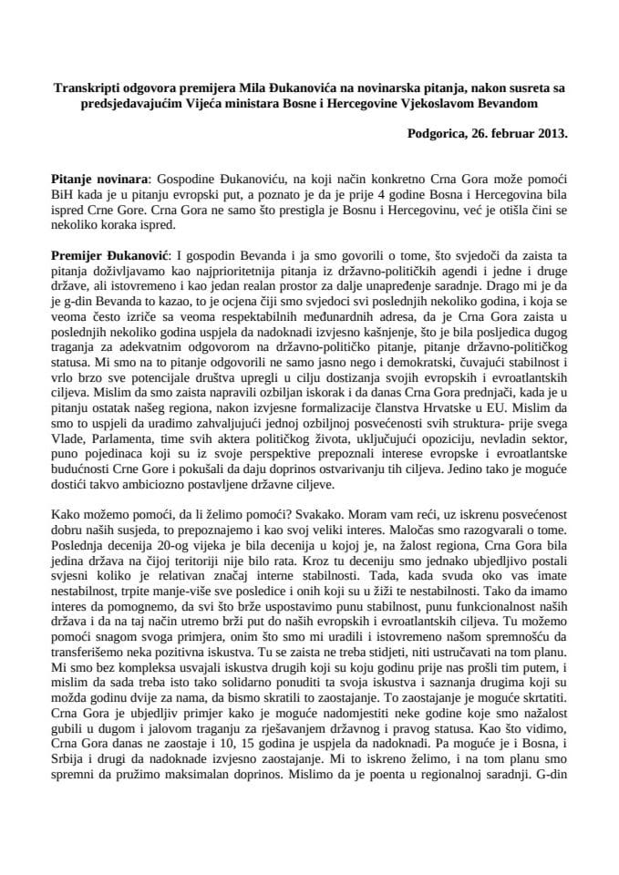 Transkript pitanja novinara i odgovora predsjednika Vlade Crne Gore Mila Đukanovića nakon sastanka sa predsjedavajućim Vijeća ministara Bosne i Hercegovine 