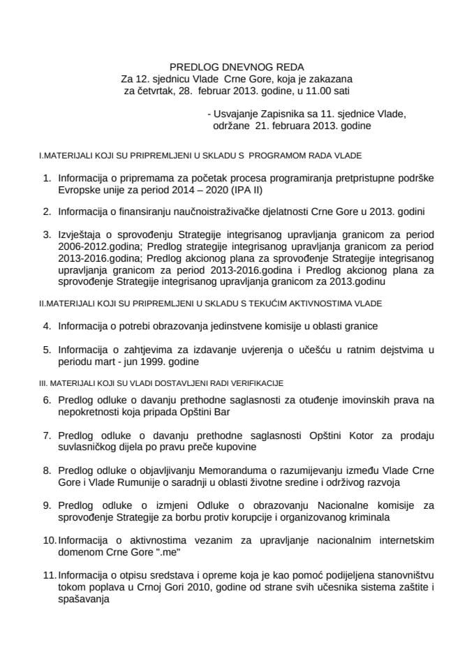Predlog dnevnog reda za 12. sjednicu Vlade Crne Gore